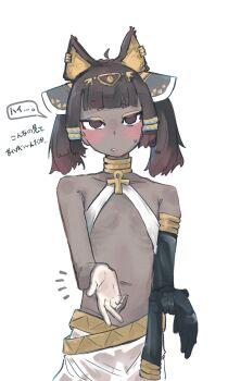 1girl absurdres ahoge alternate_costume alternate_skin_color animal_ear_fluff animal_ears ankh bare_shoulders black_gloves blunt_bangs blush brown_eyes brown_hair cat_ears commentary cowboy_shot dark-skinned_female dark_skin elbow_gloves flat_chest gloves gold_collar hair_ornament highres light-skinned_palms looking_at_viewer medium_hair navel notice_lines rabbit_hair_ornament simple_background single_bare_arm solo stomach touhoku_kiritan translated twintails very_dark_skin voiceroid white_background yzkmoq_00