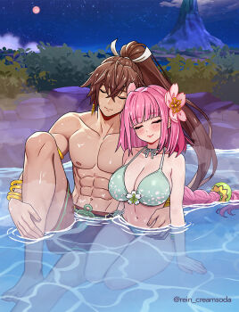 1boy 1girl abs alternate_costume breasts brown_hair closed_eyes closed_mouth commission couple hetero high_ponytail large_breasts leaning_on_person night night_sky onsen pectorals pink_hair ponytail rein_creamsoda rune_factory rune_factory:_guardians_of_azuma sky subaru_(rune_factory) ulalaka volcano