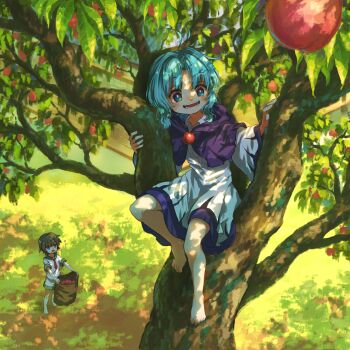 2girls absurdres barefoot blue_eyes blue_hair brown_hair commentary commentary_request dress english_commentary flying_sweatdrops food fruit green_sailor_collar highres holding holding_sack hood hood_up in_tree kumoi_ichirin long_hair mixed-language_commentary multiple_girls murasa_minamitsu necktie no_headwear open_mouth outdoors peach purple_hood red_necktie sack sailor_collar shirt short_sleeves shorts sitting sitting_in_tree smile suteruko toes touhou tree white_dress white_shirt white_shorts