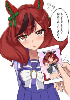 1girl 1other ? ?? ^^^ absurdres alternate_costume animal_ears apron black_streaks blowing_kiss blush bow bowtie brown_eyes brown_hair brown_tail commentary_request crop_top detached_sleeves ear_covers embarrassed fingernails gradient_background heart highres horse_ears horse_girl horse_tail horseshoe_ornament leaning_forward long_hair looking_at_viewer maid_apron maid_headdress midriff miyama_mizuki_(hoshihoshi1220) multicolored_hair navel nice_nature_(umamusume) nose_blush open_mouth photo_(object) polaroid_photo pov pov_hands purple_sailor_collar purple_shirt purple_skirt sailor_collar sailor_shirt school_uniform shirt skirt speech_bubble stomach streaked_hair tail tracen_school_uniform translation_request trembling twintails umamusume waist_apron white_apron white_bow white_bowtie white_headdress