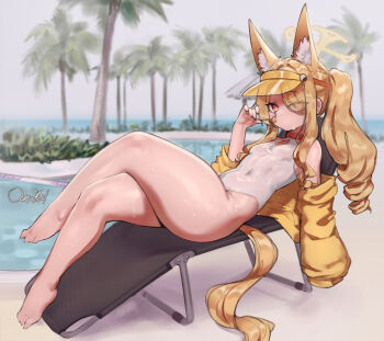1girl above-cleavage_cutout animal_ear_fluff animal_ears blonde_hair blue_archive breasts candy clothing_cutout cross_halo crossed_legs diamond_cutout food fox_ears fox_girl halo highleg highleg_one-piece_swimsuit jacket lollipop long_hair official_alternate_costume official_alternate_hairstyle one-piece_swimsuit ourobot palm_tree pool poolside seia_(blue_archive) seia_(swimsuit)_(blue_archive) shiny_clothes shiny_skin side_ponytail sitting small_breasts solo sweat swimsuit thick_thighs thighs tree visor_cap white_one-piece_swimsuit yellow_halo yellow_jacket yellow_visor
