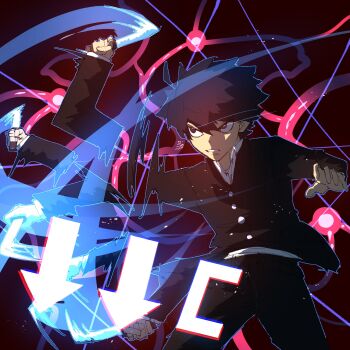 1boy black_hair command_input eye_trail fighting_game flailing gakuran highres holding holding_knife knife light_trail long_sleeves melty_blood nanatsu-yoru school_uniform short_hair slashing slicing solo tohno_shiki tsukihime yohanwrks