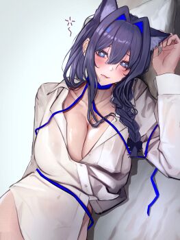 1girl absurdres animal_ear_fluff animal_ears blue_eyes blue_hair blush braid breasts cat_ears collarbone collared_shirt colored_inner_hair commentary hair_between_eyes heart heart-shaped_pupils highres hololive hololive_english large_breasts long_hair long_sleeves looking_at_viewer lying multicolored_hair official_alternate_hairstyle ouro_kronii shirt soju_ice symbol-shaped_pupils virtual_youtuber