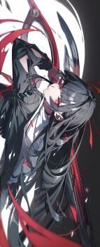 1girl black_hair black_shirt chisa_(wuthering_waves) commentary hashtag-only_commentary highres hime_cut holding holding_sword holding_weapon kago_(wall_io) long_hair long_sleeves looking_at_viewer looking_to_the_side red_eyes sailor_collar school_uniform serafuku shirt sideways solo sword upper_body weapon white_sailor_collar wuthering_waves