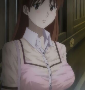 1girl absurdres blush bra breasts brown_eyes brown_hair highres kamisama_dolls large_breasts long_hair looking_at_viewer parted_lips see-through_clothes shiba_hibino shirt solo stitched third-party_edit underwear wet wet_clothes wet_shirt