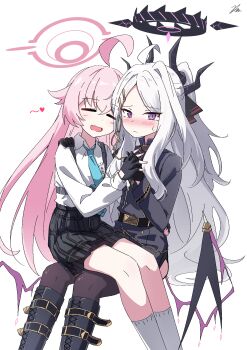 2girls absurdres ahoge black_gloves black_halo black_skirt black_thighhighs blue_archive blush breasts commentary_request demon_girl demon_horns demon_wings gloves halo highres hina_(blue_archive) horns hoshino_(blue_archive) kiroshi korean_commentary long_hair low_wings multiple_girls pink_hair purple_eyes simple_background sitting skirt small_breasts sweat thighhighs very_long_hair white_background white_hair wings