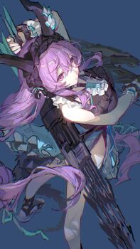 1girl arknights arrow_(projectile) artist_request blue_background breasts feet holding holding_weapon horns long_hair looking_up medium_breasts purple_eyes purple_hair serious swimsuit typhon_(arknights) weapon