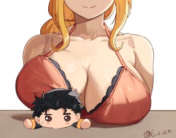 1boy 1girl akihitoevon bikini black_hair breast_focus breast_lift breast_rest breast_smother breasts breasts_on_head brown_eyes chibi eyes_out_of_frame face_to_breasts head_out_of_frame highres large_breasts natsuki_subaru orange_hair priscilla_barielle re:zero_kara_hajimeru_isekai_seikatsu red_bikini smile sweatdrop swimsuit twitter_username