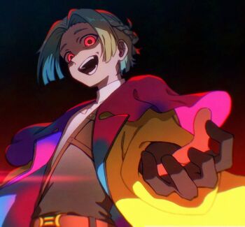 Rule 34 | 1other, braid, evil smile, gloves, gnosia, half gloves, jacket, open mouth, partially shaded face, red eyes, smile, solo, spoilers, teo (teorekka), yellow jacket, yuri (gnosia)