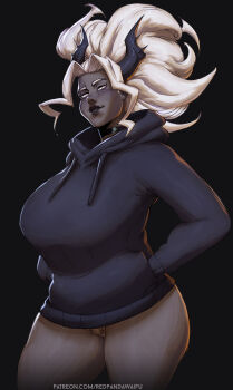1girl artist_name black_background black_hoodie black_horns bottomless colored_skin female_pubic_hair grey_skin hands_in_pockets helltaker highres hood hoodie horns judgement_(helltaker) patreon_username pubic_hair red_panda_waifu simple_background solo watermark web_address white_hair