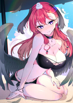 1girl absurdres arm_support bare_shoulders beach beach_umbrella bikini black_bikini black_wings blush braid braided_bangs breasts cleavage cloud collarbone criss-cross_straps dress ear_chain earrings gem hair_between_eyes head_wings highres jewelry kiiro_(cocoa080) konkon_aria large_breasts linked_piercing long_hair looking_at_viewer low-tied_sidelocks low_wings navel neo-porte parasol piercing purple_eyes purple_gemstone red_hair side-tie_bikini_bottom sidelocks simple_background sitting sky smile snowman swimsuit umbrella virtual_youtuber wings