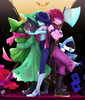 1boy 1girl 1other androgynous animal_ears armlet armor black_hair blue_hair blue_skin closed_mouth colored_skin colored_teeth copyright_name crossed_arms deltarune full_body furry furry_female furry_male goat_boy goat_ears green-framed_eyewear hair_over_eyes highres hug hug_from_behind jevil jewelry kris_(dark_world)_(deltarune) kris_(deltarune) leftporygon long_hair pink_scarf pink_skin purple_hair ralsei ralsei_(hat) scarf sharp_teeth short_hair spiked_armlet standing studded_armlet susie_(dark_world)_(deltarune) susie_(deltarune) teeth utdr_(toby_fox) yellow_teeth
