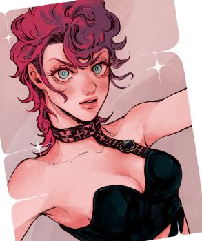 1girl armpits bandeau bare_shoulders black_bandeau blue_eyes bright_pupils choker crop_top cross highres jojo_no_kimyou_na_bouken okokoroxjj parted_lips pink_hair pink_lips short_hair strapless trish_una tube_top vento_aureo x_(symbol)