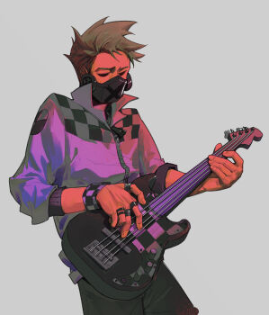 1boy absurdres alternate_costume bass_guitar brown_hair eddsworld grey_background highres holding holding_bass_guitar holding_instrument hollow_eyes instrument jacket jewelry lin_hei_tao male_focus mask multiple_rings music playing_bass_guitar playing_instrument respirator ring short_hair simple_background solo spiked_hair tom_(eddsworld) wristband zipper
