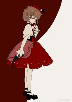 Rule 34 | 1girl, absurdres, bisho imobing hito, blue eyes, commentary request, expressionless, full body, gloves, gun, haibara ai, handgun, hat, highres, holding, holding gun, holding weapon, juliet sleeves, long sleeves, looking at viewer, meitantei conan, pantyhose, puffy sleeves, red hat, short hair, solo, two-tone background, weapon, white gloves, white pantyhose