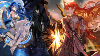 Rule 34 | 1boy, 2girls, absurdres, ahoge, ancient greek clothes, arm armor, augusta (wuthering waves), bare shoulders, black jacket, black pants, blue eyes, blue hair, breasts, commentary, dress, earrings, english commentary, gold bra, greatsword, greco-roman clothes, headgear, highres, holding, holding sword, holding weapon, iuno (wuthering waves), jacket, jewelry, laurel crown, long hair, male rover (wuthering waves), medium breasts, multiple girls, orange hair, pants, rover (wuthering waves), sun earrings, sword, valerio fidanza, weapon, white dress, wuthering waves, yellow eyes