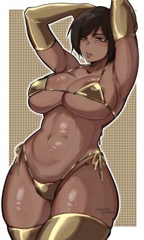 Rule 34 | 1girl, bikini, black hair, breasts, brown eyes, dark-skinned female, dark skin, elbow gloves, gloves, gold bikini, gold gloves, gold thighhighs, highres, large breasts, limbus company, nasya ns, navel, outis (project moon), parted lips, project moon, short hair, side-tie bikini bottom, solo, swimsuit, thighhighs