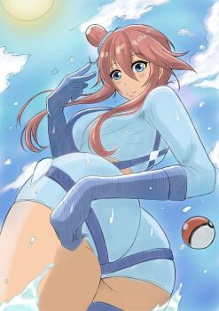 1girl ass ass_focus blue_eyes blue_sky breasts dark-skinned_female dark_skin garsdraws gloves large_breasts long_hair nintendo poke_ball pokemon pokemon_bw red_hair shorts sky skyla_(pokemon) sunlight suspenders thick_thighs thigh_strap thighs