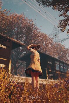 1girl 3d autumn blender_(medium) blue_sky commentary dress english_commentary english_text evening feet_out_of_frame from_behind grass hand_on_headwear highres original outdoors power_lines scenery selescha.arts sky solo standing transmission_tower tree yellow_dress