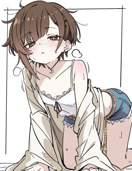 1girl all_fours asami-chan body_freckles breasts bright_pupils brown_eyes brown_hair denim denim_shorts earrings freckles hair_ornament hairclip highres hozuki_asami_(asami-chan) jewelry looking_at_viewer necklace open_mouth original short_hair short_shorts shorts small_breasts solo white_background white_pupils