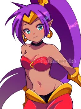 Rule 34 | 1girl, aqua eyes, artist name, bandeau, bare shoulders, black choker, breasts, choker, closed mouth, commentary, cowboy shot, dark-skinned female, dark skin, harem outfit, harem pants, highres, long hair, looking at viewer, midriff, navel, nonoworks, pants, pointy ears, ponytail, purple hair, red bandeau, red pants, shantae, shantae (series), signature, simple background, small breasts, smile, solo, stomach, very long hair, watermark, white background