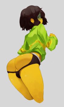 1boy anus anus_peek ass black_hair bob_cut brown_hair bulge clothing_cutout colored_skin deltarune from_behind from_below grey_background highres krid kris_(deltarune) long_sleeves looking_at_viewer looking_to_the_side male_focus mob_face multicolored_hair revealing_clothes shadow short_hair simple_background solo solo_focus streaked_hair striped_clothes striped_sweater sweater tagme thighs trap turtleneck underwear utdr_(toby_fox) yellow_skin