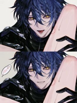 Rule 34 | 2boys, bite mark, bite mark on thigh, black gloves, blue hair, blush stickers, chibi, chibi inset, cum, flins (genshin impact), genshin impact, gloves, hand on another's thigh, illuga (genshin impact), kjbb782723, male focus, multiple boys, smile, split screen, sweatdrop, tongue, tongue out, yaoi