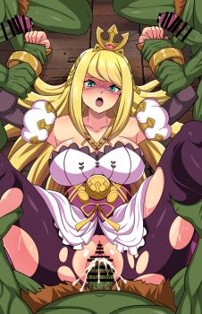 1girl 3boys absurdres angry assisted_rape bar_censor blonde_hair breasts censored chelle_(dragalia_lost) cleavage collarbone commission commissioner_upload crown cum cum_inflation detached_sleeves dragalia_lost dress ejaculation goblin green_eyes held_down hetero highres inflation large_breasts leggings long_hair multiple_boys non-web_source open_mouth pantyhose penis precum purple_pantyhose rape restrained sex spread_legs tearing_up textless_version torn_clothes torn_pantyhose vaginal wrist_cuffs yagami_(mukage)