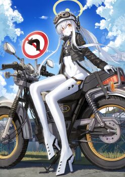 1girl absurdres blue_archive blush cloud cloudy_sky colored_skin commentary_request ein_(blue_archive) goggles goggles_on_head grass guard_rail halo helmet highres jacket kokukyukeo leather leather_jacket malkuth_(blue_archive) motor_vehicle motorcycle navel ohr_(blue_archive) road_sign sign sky sof_(blue_archive) symbol-shaped_pupils white_hair white_skin x-shaped_pupils yellow_eyes yellow_halo