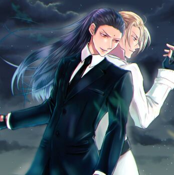 2boys artist_request back-to-back belt bindi black_gloves black_hair black_neckwear black_suit blonde_hair blue_eyes cloud collar final_fantasy final_fantasy_vii final_fantasy_vii_remake fingerless_gloves floating_hair formal_clothes gloves hand_up long_hair looking_to_the_side male_focus multiple_boys necktie night outdoors ponco_pacoooon red_eyes rufus_shinra shiny_clothes shiny_skin shirt short_hair sky smile square_enix star_(sky) starry_sky suit tseng turks_(ff7) white_shirt white_suit wing_collar