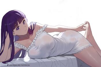 1girl barefoot blunt_bangs breasts commentary_request dress fern_(sousou_no_frieren) frilled_dress frills hand_on_own_foot head_rest large_breasts long_hair looking_at_viewer lying on_side purple_eyes purple_hair see-through_clothes simple_background solo sousou_no_frieren strap_slip white_background white_dress zefrableu
