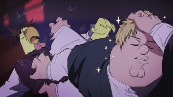 2boys adjusting_hair beak bird_boy blonde_hair brown_hair choso_(jujutsu_kaisen) cleft_chin closed_eyes commentary english_commentary ernie_the_giant_chicken family_guy fat fat_man fighting jab jujutsu_kaisen kowai_(iamkowai) multiple_boys parted_lips peter_griffin scene_reference short_twintails sparkle twintails zen'in_naoya