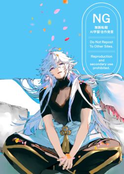 Rule 34 | 1boy, ahoge, black pants, black shirt, clear sky, cloak, commentary, falling petals, fate/grand order, fate (series), flower, hair flower, hair ornament, high collar, highres, indian style, long hair, looking up, male focus, merlin (fate), pants, parted lips, petals, purple eyes, senmochi 02, shirt, sitting, sky, solo, unworn cloak, very long hair, white hair