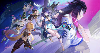 2boys 6+girls absurdres aether_(genshin_impact) ahoge aino_(genshin_impact) antlers bare_shoulders black_cape black_coat black_hair black_hat black_pants black_shoes black_shorts blonde_hair blue_dress blue_eyes blue_hair blue_nails braid braided_ponytail breasts cape chinese_commentary claw_ring cleavage closed_eyes closed_mouth coat columbina_(genshin_impact) commentary_request crossed_legs dated deer_antlers dress fingernails flins_(genshin_impact) floating full_body genshin_impact god_hunter green_eyes green_hair hair_between_eyes hair_ornament hair_over_one_eye halo hand_up hands_up hat highres holding holding_lantern holding_sword holding_weapon horns huge_ahoge ineffa_(genshin_impact) jahoda_(genshin_impact) lantern large_breasts lauma_(genshin_impact) long_hair long_sleeves midriff multicolored_hair multiple_boys multiple_girls nail_polish nefer_(genshin_impact) paimon_(genshin_impact) pants parted_lips pink_hair pointy_ears pulonia_(genshin_impact) purple_hair riding riding_animal romper sandrone_(genshin_impact) shoes shorts signature sleeveless sleeveless_dress sleeves_past_fingers sleeves_past_wrists star-shaped_pupils star_(symbol) star_hair_ornament sword symbol-shaped_pupils toenail_polish toenails triquetra very_long_hair weapon white_dress white_romper yellow_eyes