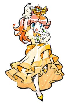 1girl absurdres arm_up blue_eyes brown_hair crown dress earrings fire_daisy gloves highres jewelry long_hair mario_(series) nintendo open_mouth orange_dress orange_shoes princess_daisy rakugaki_shitagari-ya shoes simple_background smile white_background white_gloves