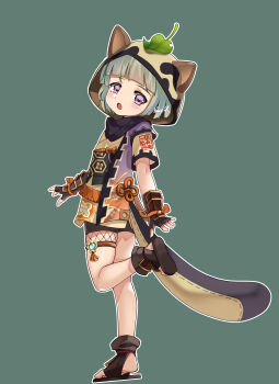 1girl absurdres animal_ears animal_hood black_gloves blunt_bangs fake_animal_ears fingerless_gloves genshin_impact gloves green_background grey_hair highres hood japanese_clothes leaf leaf_on_head loli looking_at_viewer open_mouth purple_eyes raccoon_ears raccoon_tail sayu_(genshin_impact) short_hair simple_background solo tail younggk