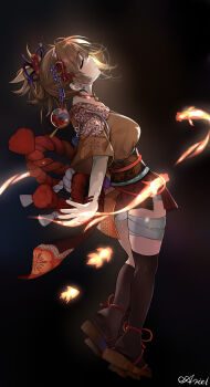 1girl absurdres blonde_hair fish genshin_impact hadanugi_dousa highres japanese_clothes kimono open_clothes open_kimono ornament ponytail sarashi yoimiya_(genshin_impact)