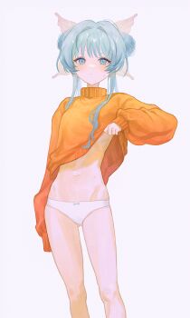 1girl blue_eyes blue_hair clothes_lift double_bun fymrie gluteal_fold hair_bun highres hip_bones looking_at_viewer navel original panties simple_background solo sweatdrop sweater underwear white_background white_panties