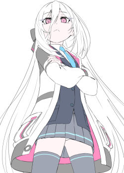 black_vest blue_archive blue_necktie can't_be_this_cute crossed_arms grey_skirt grey_thighhighs hair_between_eyes jacket kei_(blue_archive) kei_(new_body)_(blue_archive) long_hair_between_eyes multicolored_jacket necktie panties pantyshot parody pleated_skirt ringed_eyes simple_background skirt thighhighs two-tone_jacket underwear vest white_background white_hair white_jacket zombie_mogura