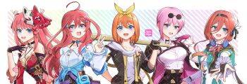 Rule 34 | 5girls, ahoge, artist logo, bare shoulders, baseball bat, black bridal gauntlets, black gloves, black hairband, black jacket, blue eyes, blue jacket, breasts, bridal gauntlets, chest tattoo, cleavage, commentary, commission, cosplay, dress, english commentary, eyewear on head, firefly (honkai: star rail), firefly (honkai: star rail) (cosplay), fox mask, gloves, go-toubun no hanayome, hair ornament, hair ribbon, hairband, hand up, high-waist shorts, highres, holding, holding baseball bat, honkai: star rail, honkai (series), jacket, kafka (honkai: star rail), kafka (honkai: star rail) (cosplay), large breasts, logo, long hair, long sleeves, looking at viewer, march 7th (honkai: star rail), march 7th (honkai: star rail) (cosplay), mask, mask on head, medium breasts, multiple girls, nakano ichika, nakano itsuki, nakano miku, nakano nino, nakano yotsuba, nataeliza, neckerchief, open mouth, orange hair, orange neckerchief, pink hair, purple gloves, quintuplets, reaching, reaching towards viewer, red dress, red hair, ribbon, shirt, short hair, shorts, siblings, single bridal gauntlet, sisters, smile, sparkle (honkai: star rail), sparkle (honkai: star rail) (cosplay), star (symbol), star hair ornament, stelle (honkai: star rail), stelle (honkai: star rail) (cosplay), striped background, sunglasses, tattoo, tied jacket, trailblazer (honkai: star rail), upper body, v, white shirt, yellow ribbon
