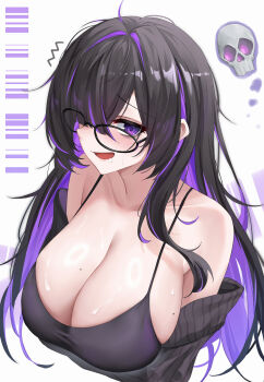 1girl absurdres bags_under_eyes black-framed_eyewear black_cardigan black_dress black_hair blush breasts cardigan collarbone colored_inner_hair commentary_request dress drooling glasses goddess_of_victory:_nikke hair_over_one_eye highres huge_breasts kafeifeifeifeifeifei_jiemo_jun label_(nikke) long_hair looking_at_viewer mole mole_on_breast multicolored_hair one_eye_covered purple_hair ring_light_reflection simple_background skull sleeveless sleeveless_dress solo straight_hair sweat two-tone_hair upper_body white_background