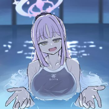 1girl absurdres bare_shoulders black_one-piece_swimsuit blue_archive breasts chainsaw_man competition_swimsuit halo high_ponytail highres huge_breasts i&#039;ll_teach_you_everything_(chainsaw_man) large_breasts long_hair mika_(blue_archive) movie_reference one-piece_swimsuit open_mouth partially_submerged pink_hair pink_halo ponytail pool scene_reference smile solo swimsuit u_minchu_kb upper_body water wet wet_hair yellow_eyes