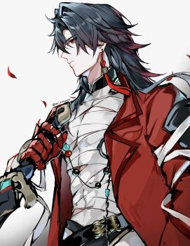 1boy ahoge bandaged_chest bandaged_torso beads belt blade_(elation)_(honkai:_star_rail) blade_(honkai:_star_rail) blue_hair commentary_request double-parted_bangs earrings from_side gradient_hair hand_on_hilt highres honkai:_star_rail honkai_(series) jacket jewelry long_hair mi_ringo64 multicolored_hair necklace open_clothes open_jacket red_hair red_jacket tassel tassel_earrings toned toned_male very_long_hair