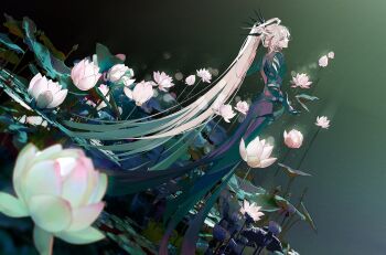 1boy absurdly_long_hair ahoge ainchase_ishmael colored_inner_hair commentary_request dutch_angle elsword floating flower green_hair grey_hair half-closed_eyes herrscher_(elsword) highres hole_in_chest hole_on_body hollow_body korean_commentary light_particles long_hair looking_at_viewer male_focus multicolored_hair outstretched_arms ponytail secondterra solo two-tone_hair unraveling very_long_hair water water_lily_flower white_flower