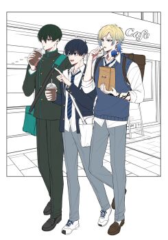 3boys aqua_eyes arm_tattoo backpack bag black_jacket black_pants black_shoes blonde_hair blue_eyes blue_flower blue_hair blue_jacket blue_lock blue_necktie blue_rose blue_sweater_vest border brown_bag cup disposable_cup drinking_straw eating eyeliner flower full_body gakuran green_bag grey_pants highres holding holding_bag holding_cup isagi_yoichi itoshi_rin jacket long_hair makeup male_focus michael_kaiser multicolored_hair multiple_boys neck_tattoo necktie open_clothes open_jacket open_mouth pants paper_bag red_eyeliner rose school_uniform shirt shirt_under_sweater shoelaces shoes short_hair striped_necktie sweater_vest tattoo walking white_bag white_border white_shirt white_shoes zttin_sa