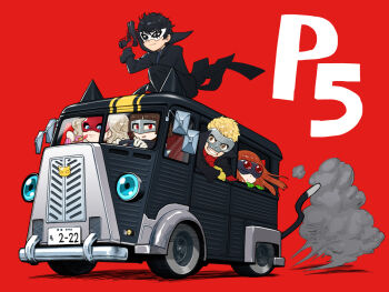10s 2boys 3girls amamiya_ren animal_ears black_eyes black_hair blonde_hair blue_eyes brown_eyes brown_hair car cat_ears cat_tail chibi citroen citroen_h_van citroen_hy copyright_name driving fox_(persona_5) goggles grin gun handgun high_collar holding holding_gun holding_weapon joker_(persona_5) kitagawa_yuusuke license_plate lipstick long_hair long_sleeves makeup mask morgana_(persona_5) motor_vehicle multiple_boys multiple_girls nekorin_(nekoforest) niijima_makoto noir_(persona_5) okumura_haru oracle_(persona_5) panther_(persona_5) persona persona_5 queen_(persona_5) rear-view_mirror red_background red_eyes sakamoto_ryuuji sakura_futaba simple_background skull_(persona_5) smile tail takamaki_anne van vehicle_focus weapon