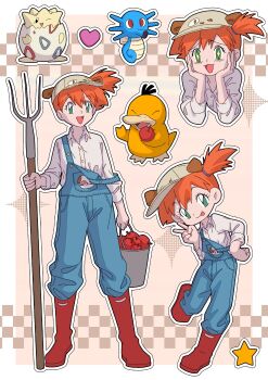 +_+ 1girl :d animal_ears apple asymmetrical_hair baseball_cap basket blue_overalls boots bucket buttons character_print collared_shirt cosplay eyelashes fake_animal_ears food fruit gen_1_pokemon gen_2_pokemon green_eyes hand_on_own_hip hands_on_own_cheeks hands_on_own_face hat highres holding holding_bucket holding_polearm holding_weapon horsea long_sleeves misty_(pokemon) nintendo open_mouth orange_hair overalls pokemon pokemon_(anime) pokemon_(classic_anime) polearm ponytail portrait psyduck rubber_boots shirt short_hair side_ponytail smile standing star_(symbol) strap_slip suspenders togepi tongue tongue_out v wardrobe_malfunction weapon white_shirt