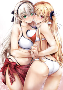 Rule 34 | 2girls, alisa reinford, bikini, black hairband, blonde hair, breasts, eiyuu densetsu, elie macdowell, feather hair ornament, feathers, green eyes, grey hair, hair ornament, hairband, highres, holding hands, interlocked fingers, kagura yuuto, large breasts, layered bikini, long hair, multiple girls, red eyes, sarong, sen no kiseki, sen no kiseki (series), sen no kiseki iv, swimsuit