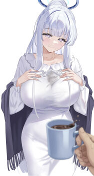 1girl absurdres blue_archive breasts closed_mouth coffee coffee_mug commentary_request cup frilled_pajamas frills halo highres holding holding_cup large_breasts long_hair mechanical_halo mug nightgown noa_(blue_archive) noa_(pajamas)_(blue_archive) official_alternate_costume official_alternate_hairstyle pajamas pov pov_hands purple_eyes simple_background sleepwear smile vop845150 white_background white_hair white_halo white_nightgown white_pajamas