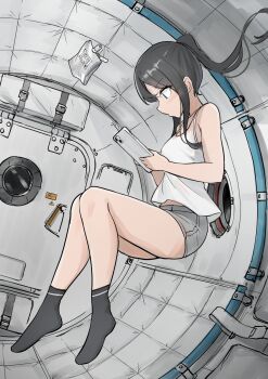 Rule 34 | 1girl, absurdres, bulkhead, commentary, denim, denim shorts, floor, hatch, highres, holding, legs, lineart, midriff, military vehicle, motor vehicle, navel, original, perspective, ponytail, ribbon, shorts, sitting, sleeveless, socks, solo, space, spacecraft, spacecraft interior, tank, tank top, teisei misagi, zero gravity